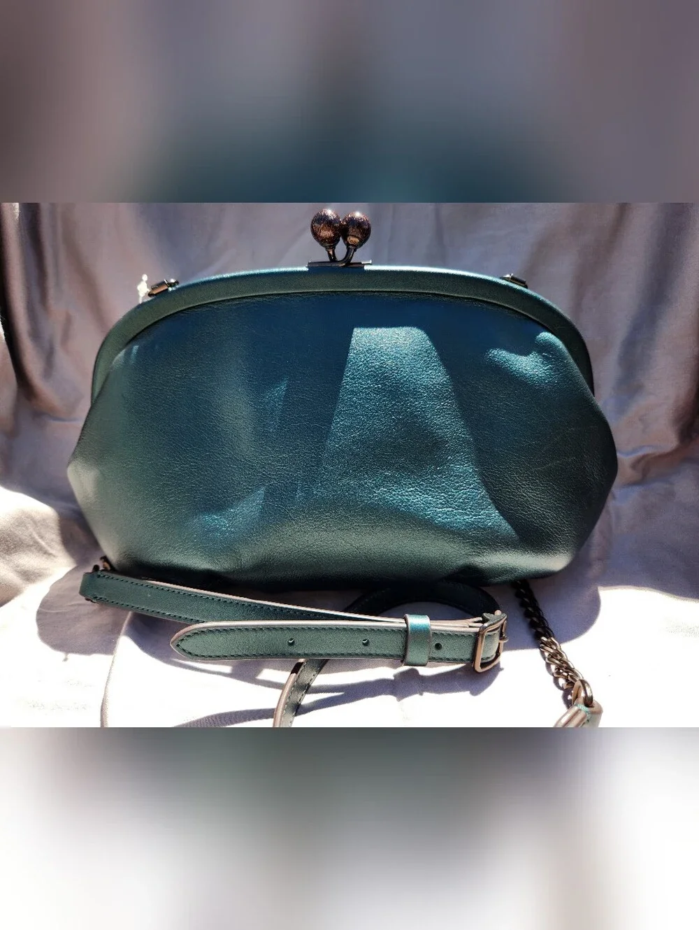 Coach Teal Metallic Leather Kiss-Lock Clutch - Picture 6 of 16